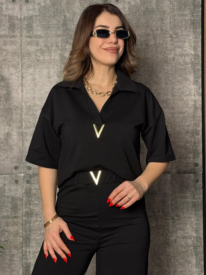 Vako Siyah Polo Yaka V Tokalı İkili Takım