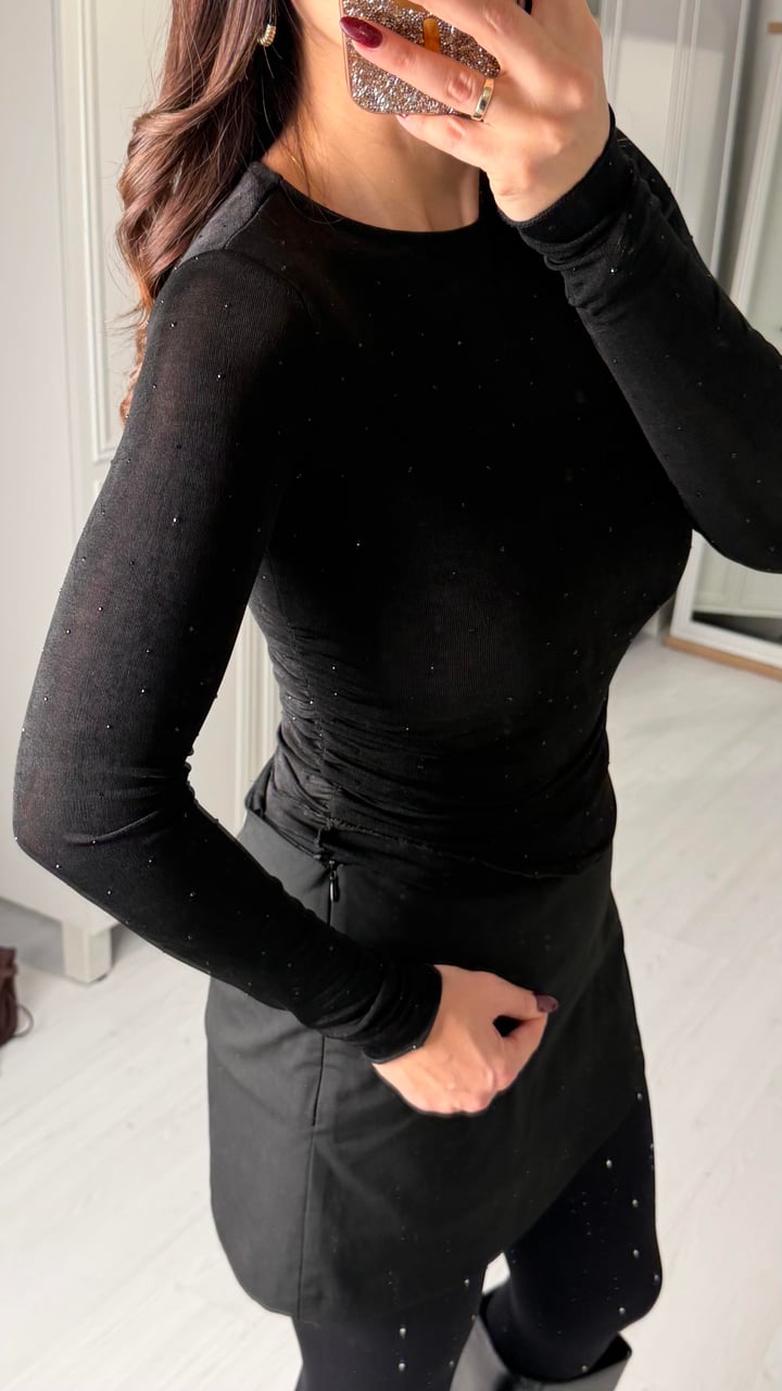 Valeria Siyah Taş İşlemeli Tül Bluz