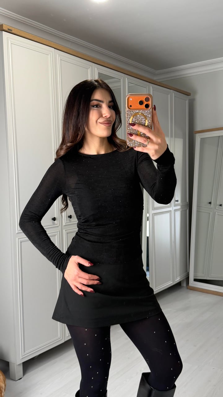 Valeria Siyah Taş İşlemeli Tül Bluz