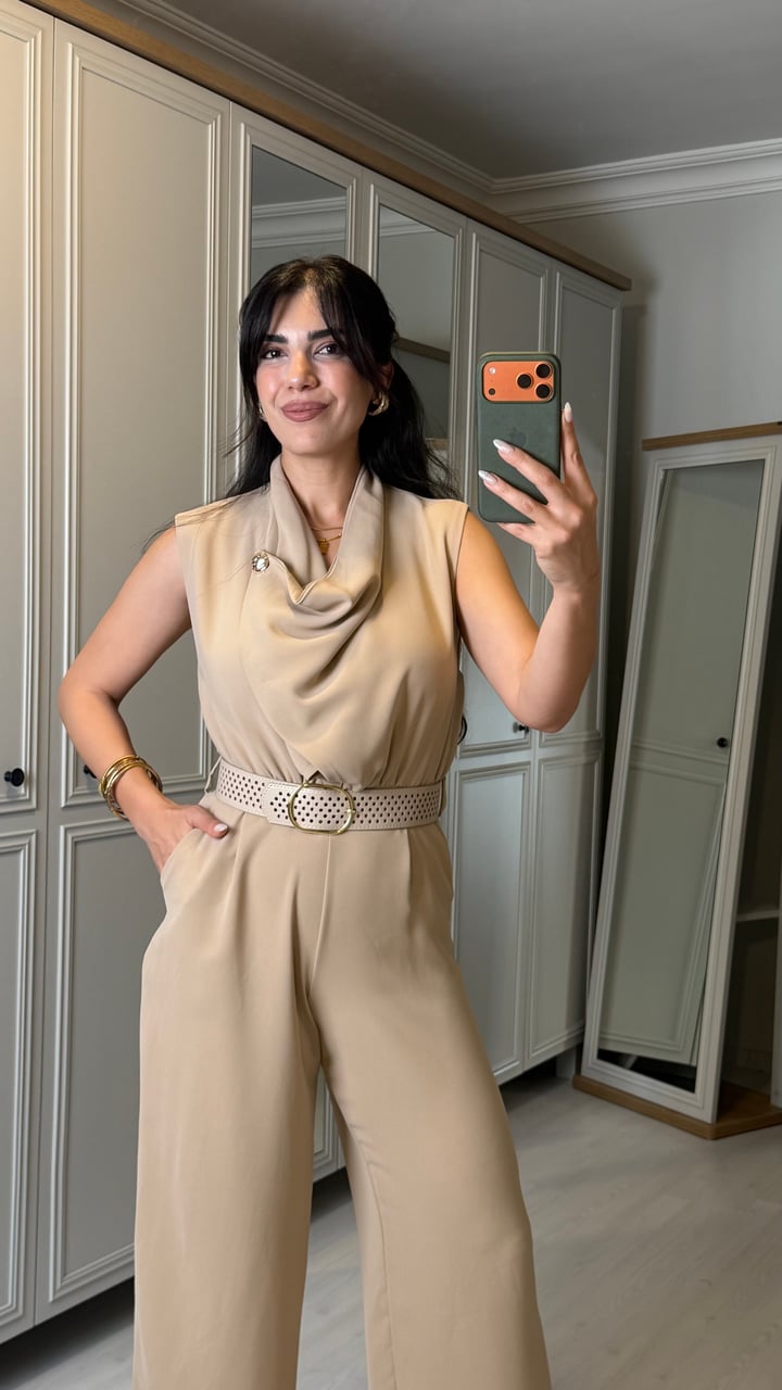 Veronika Bej Yaka Aksesuar Detaylı Kemerli Tulum 