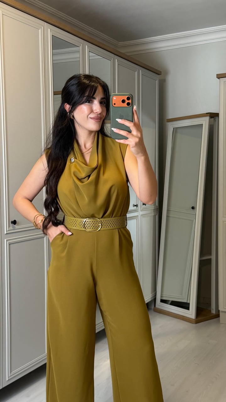 Veronika Yağ Yeşili Yaka Aksesuar Detaylı Kemerli Tulum 