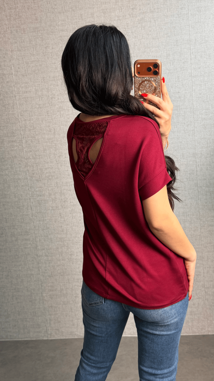 Vesa Bordo Dantel Detaylı Bluz