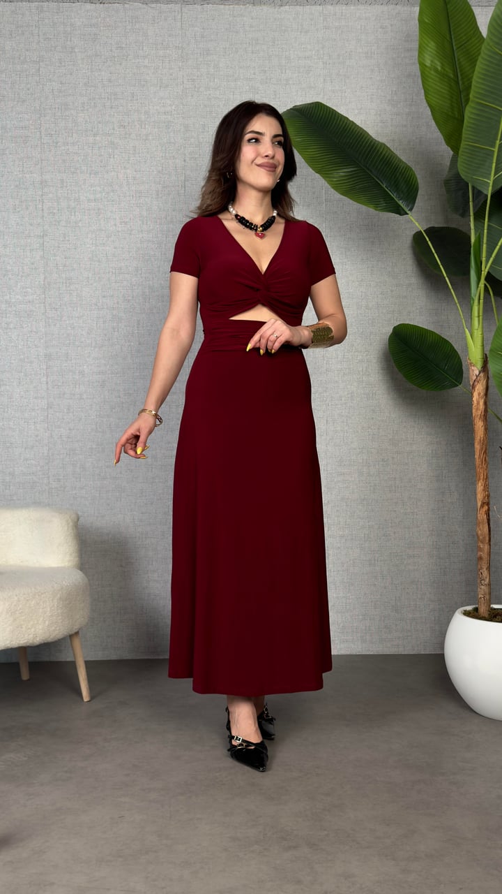 Victoria Bordo Düğümlü Maxi Boy Elbise