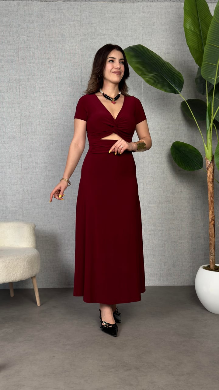 Victoria Bordo Düğümlü Maxi Boy Elbise