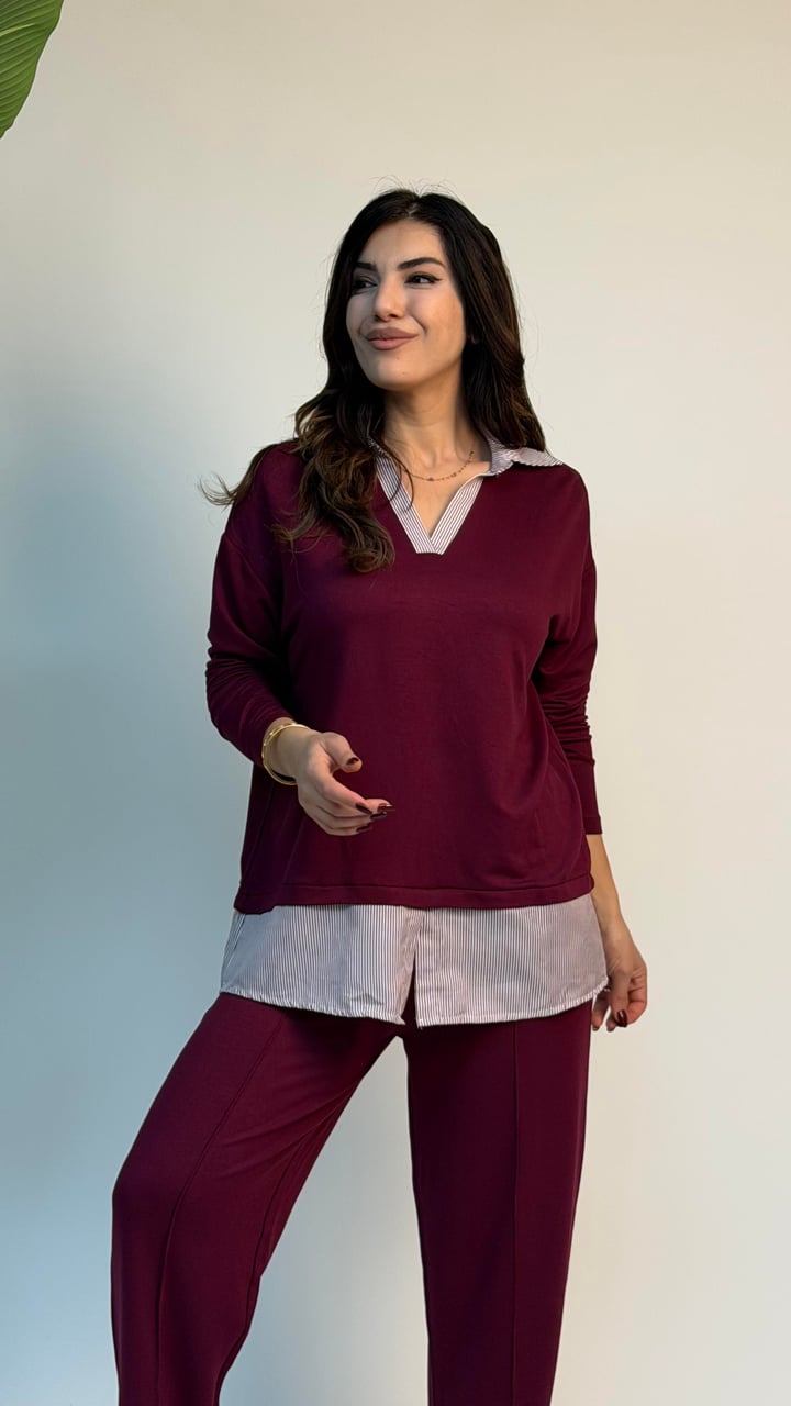 Vika Bordo Gömlek Yaka Çizgili İkili Takım