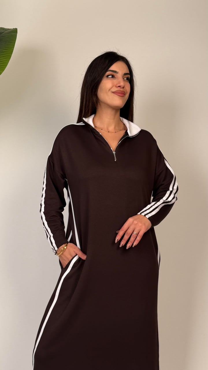 Viola Kahverengi Şeritli Sweat Elbise