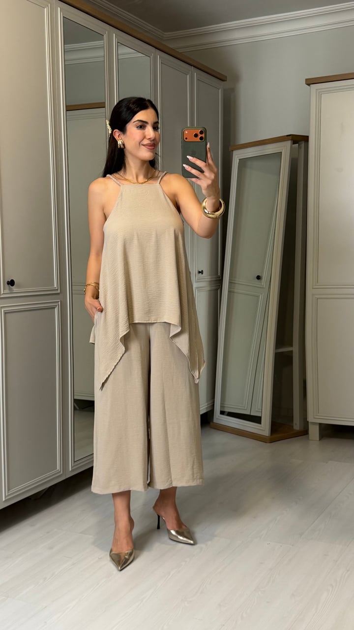 Virca Bej Askılı Bluz Detaylı Tulum