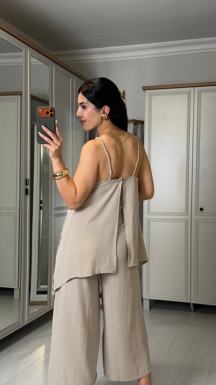 Virca Bej Askılı Bluz Detaylı Tulum