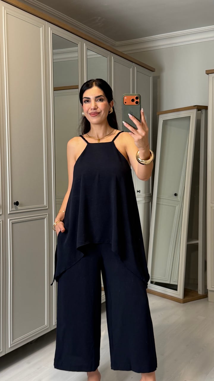 Virca Lacivert Askılı Bluz Detaylı Tulum