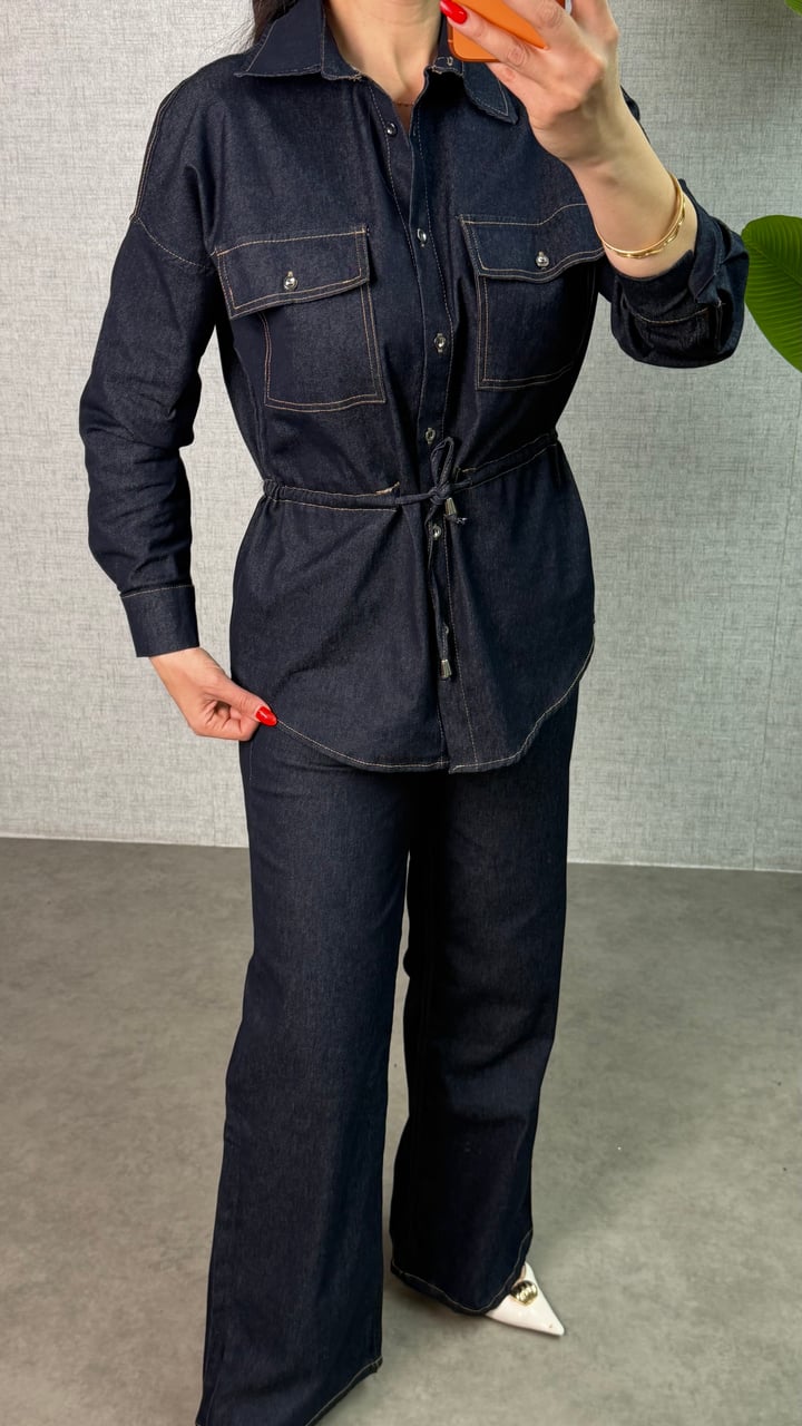 Vuna Mavi Beli Büzgülü Cepli Denim İkili Takım