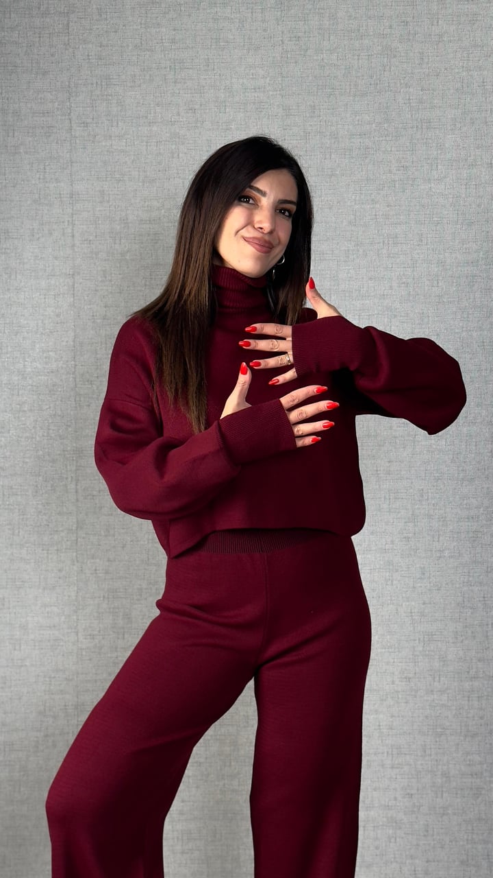 Yulia Bordo Balıkçı Yaka Parmak Geçmeli Triko Takım