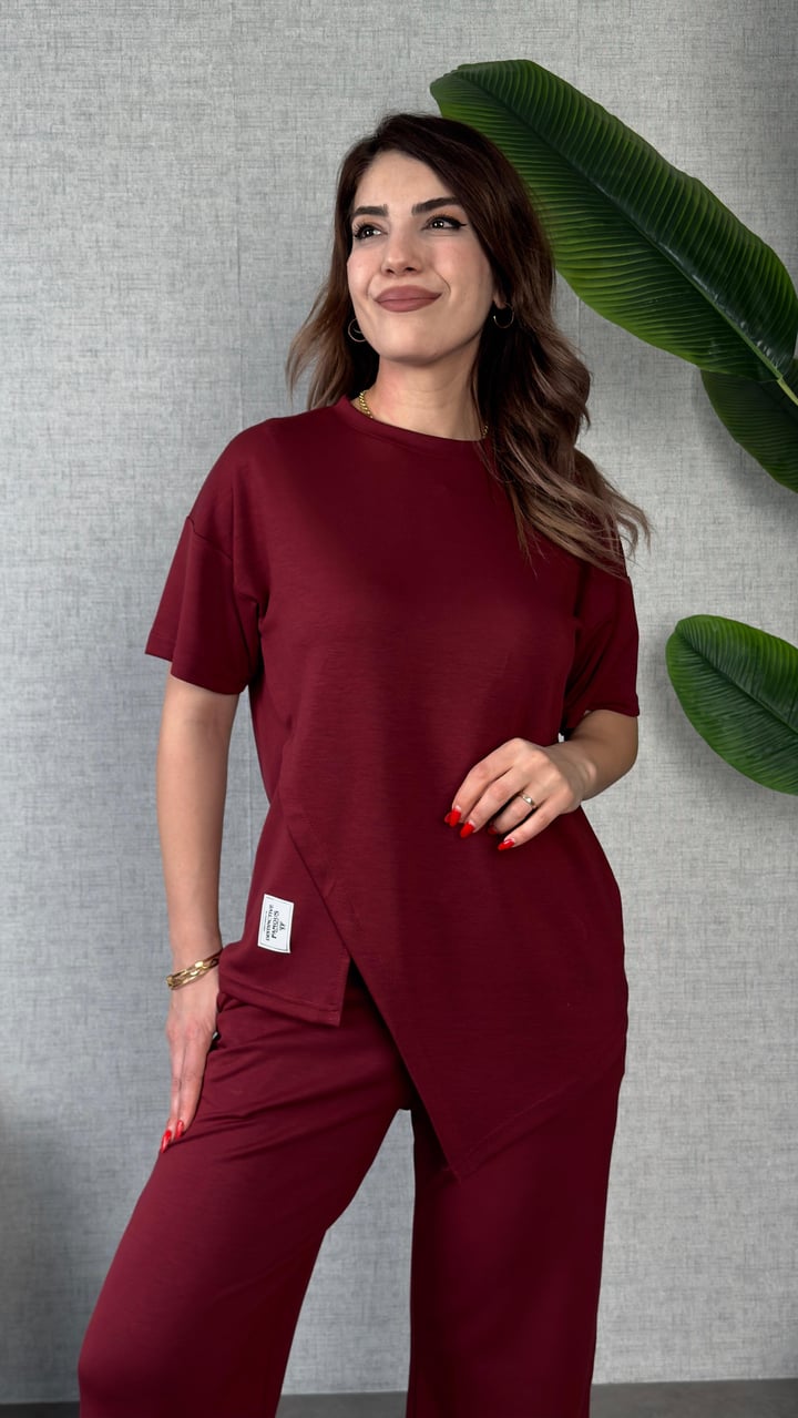Yuna Bordo Asimetrik Kesim Armalı Modal İkili Takım