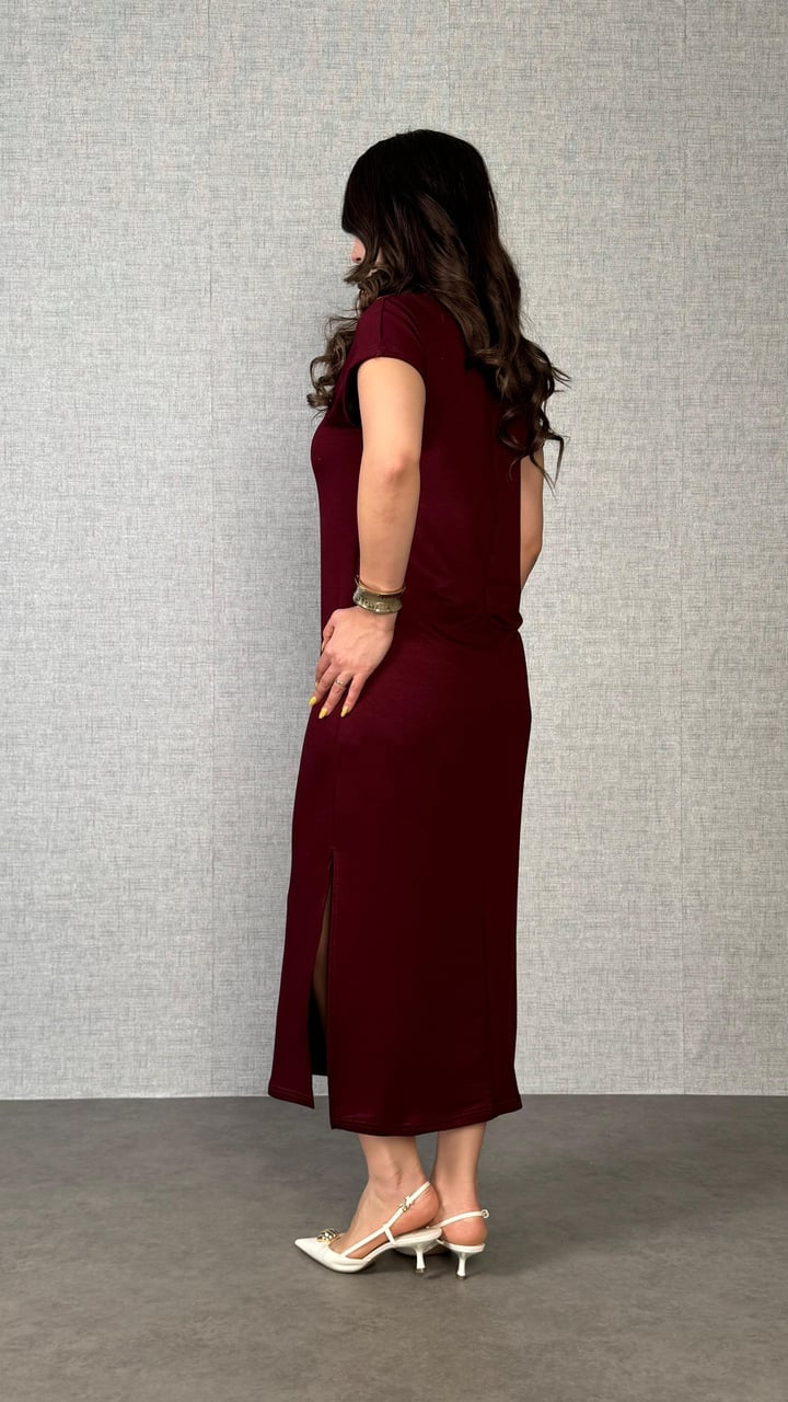 Yuss Bordo Gold Düğmeli Modal Elbise