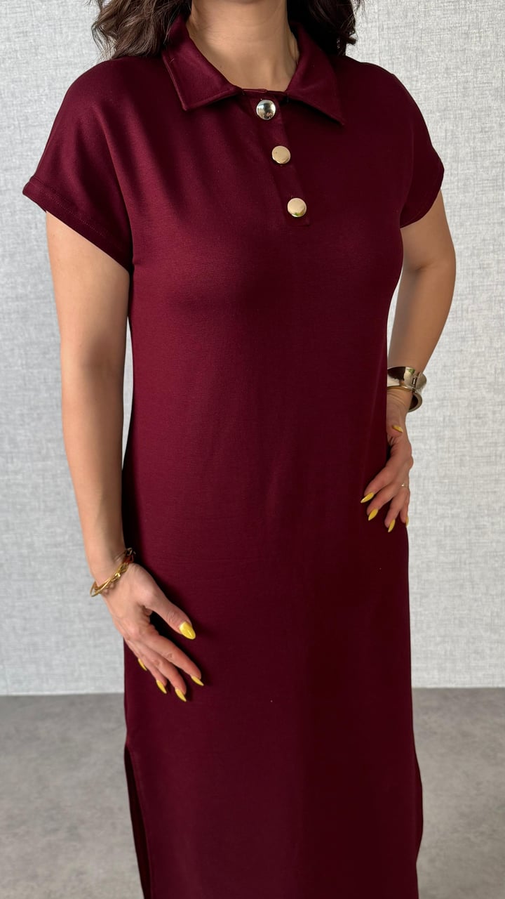 Yuss Bordo Gold Düğmeli Modal Elbise