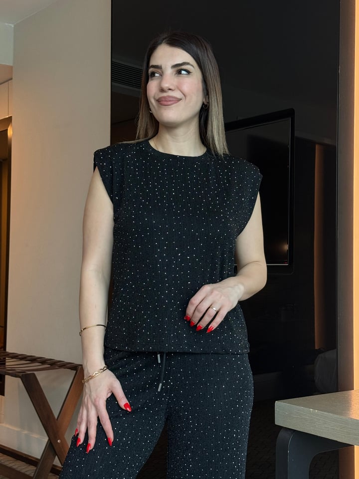 Zenda Siyah Taşlı Vatkalı  İkili Takım