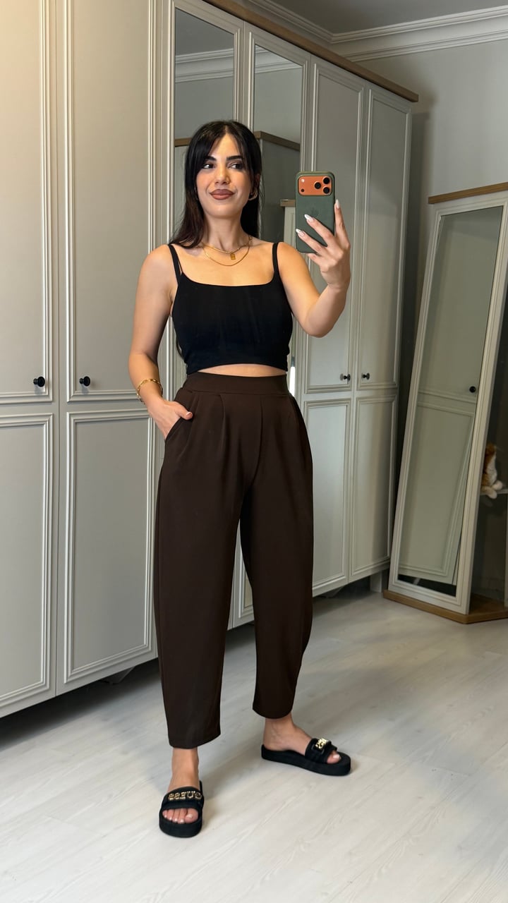 Zenna Kahverengi  Krem Harem Pantolon