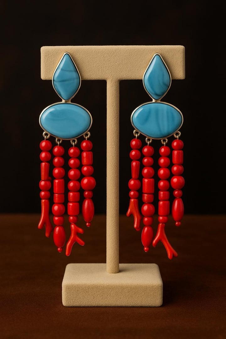 Zr.Mavi Taşlı Kırmızı Püsküllü Küpe