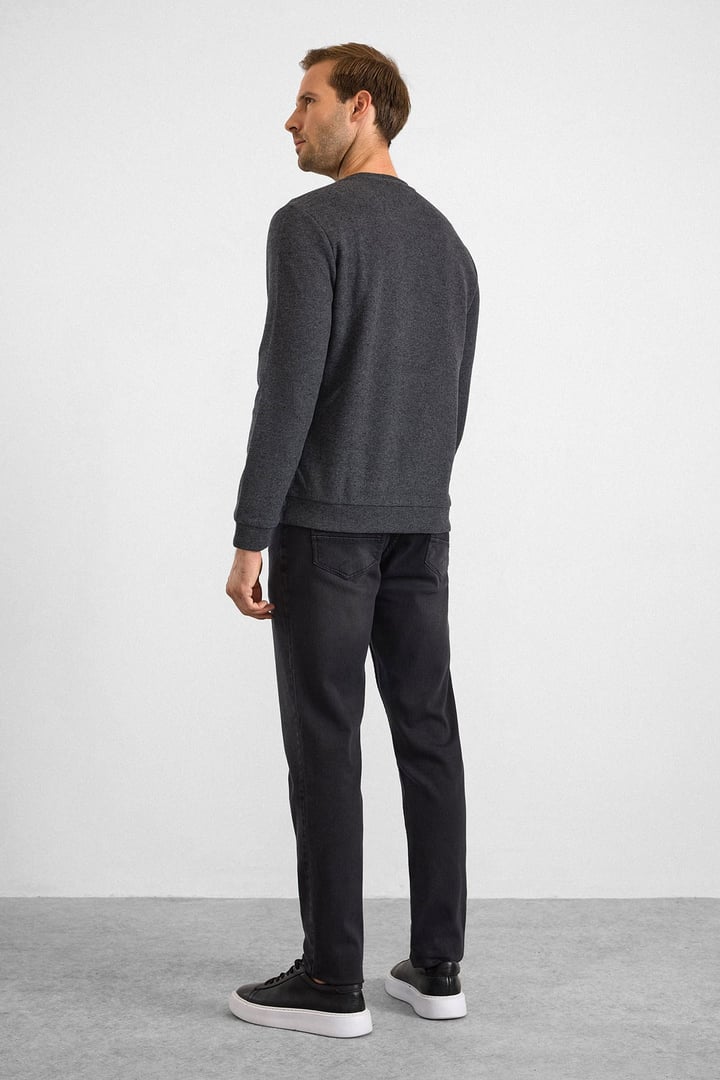 Antrasit Regular Düz Bisiklet Yaka Sweatshirt