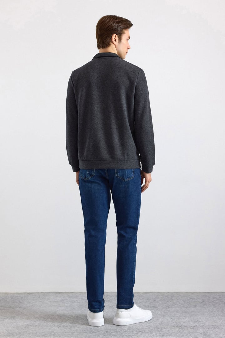 Antrasit Regular Düz Fermuarlı Polo Yaka Sweatshirt