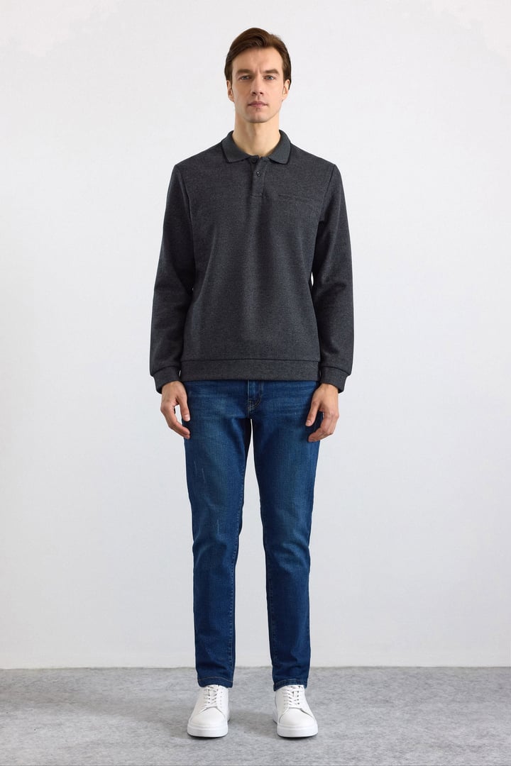 Antrasit Regular Düz Fermuarlı Polo Yaka Sweatshirt