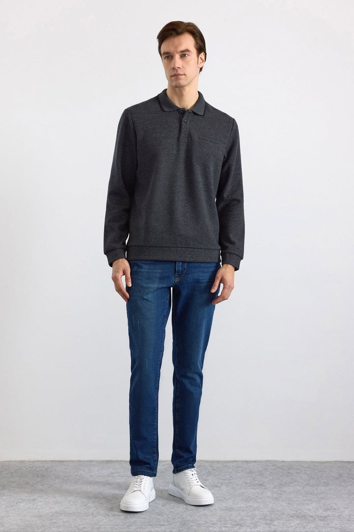 Antrasit Regular Düz Fermuarlı Polo Yaka Sweatshirt