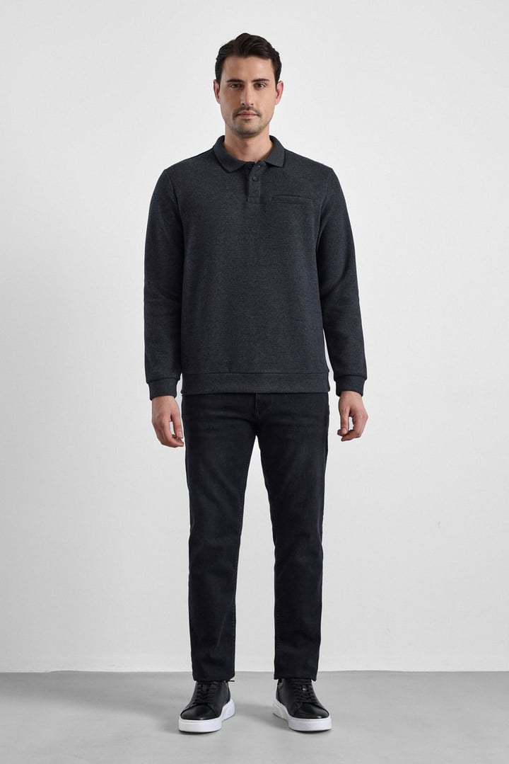 Antrasit Regular Düz Polo Yaka Sweatshirt
