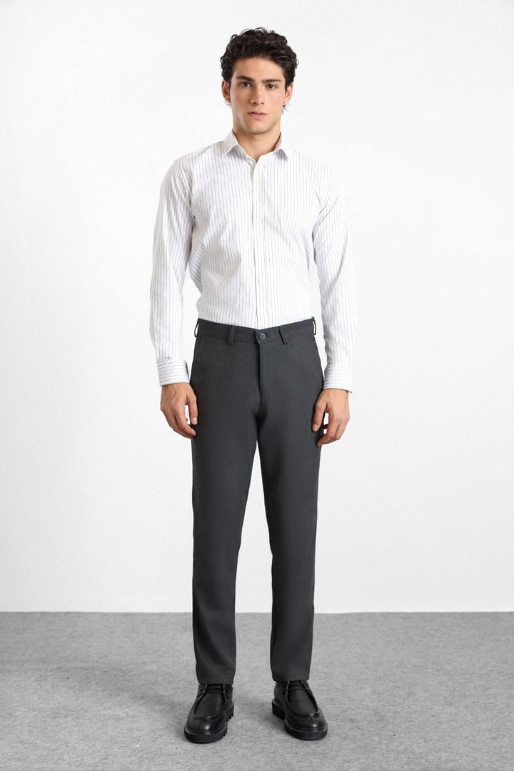 Antrasit Slim Düz Twill Normal Bel Casual Pantolon