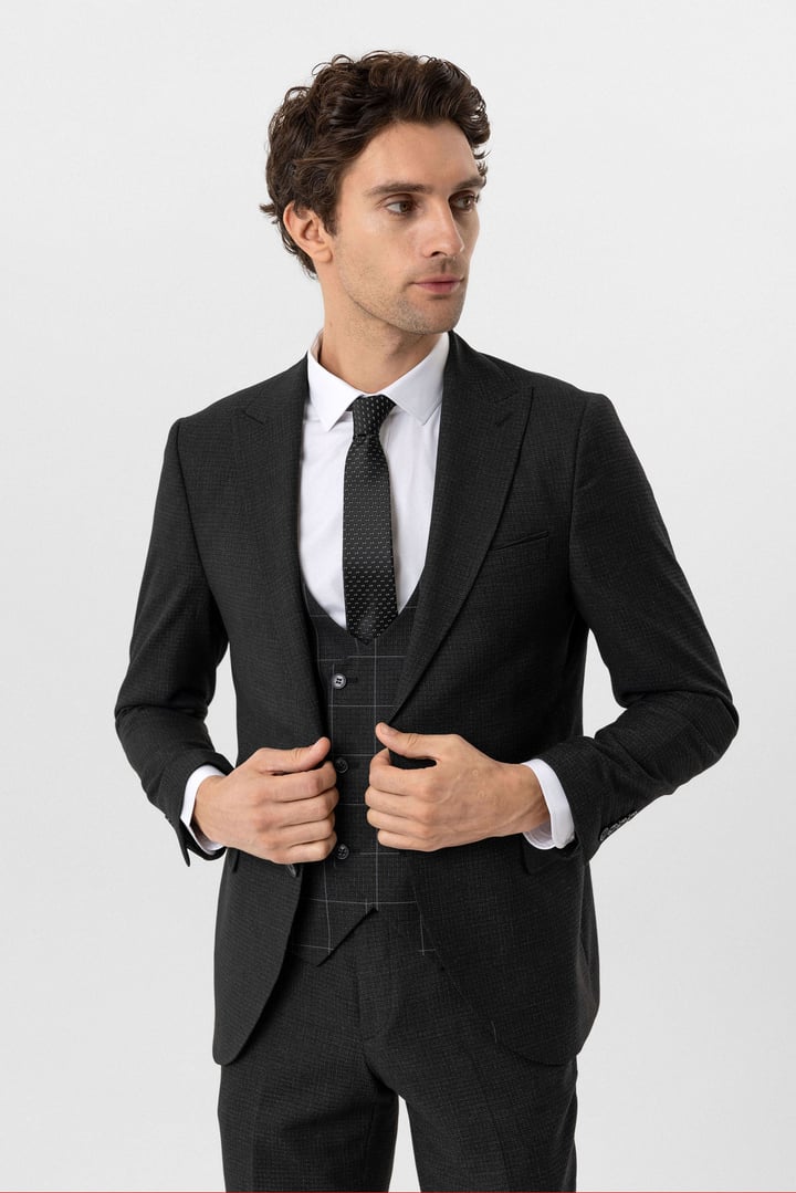 Antrasit Slim Fit Armürlü Sivri Yaka 6 Drop Yelekli Klasik Takım Elbise