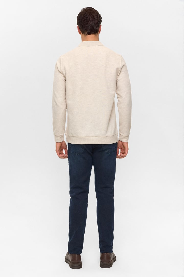 Bej Regular Armürlü Polo Yaka Sweatshirt