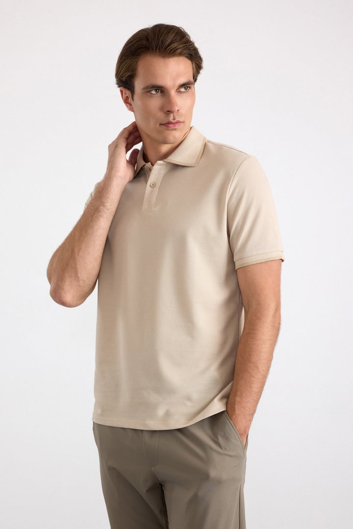 Bej Regular Düz Baskısız Pike Polo Yaka Standart Tişört