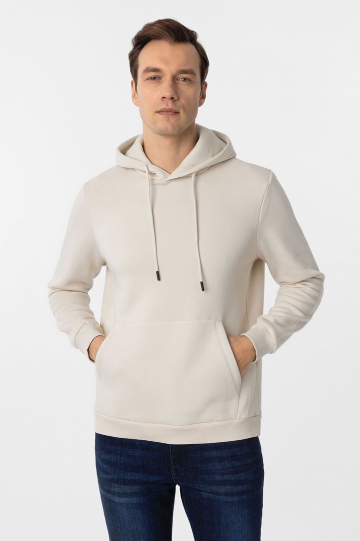Bej Regular Düz Kapüşonlu Yaka Sweatshirt