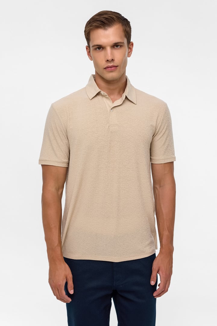 Bej Regular Düz Polo Yaka Tişört