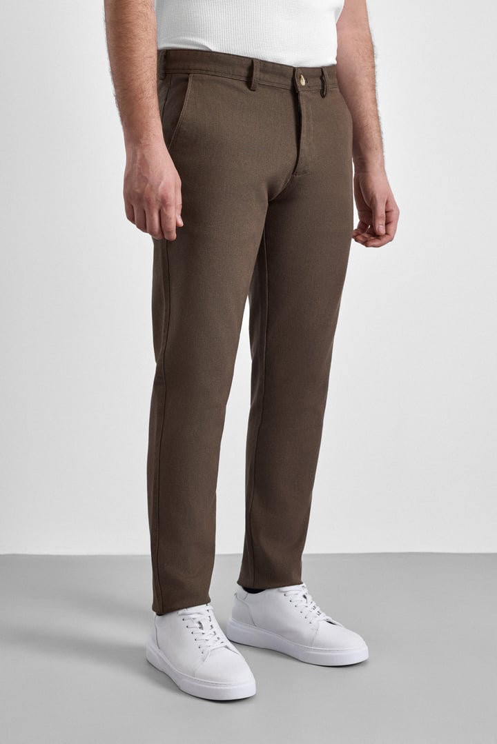 Bej Slim Armürlü Kanvas Casual Pantolon