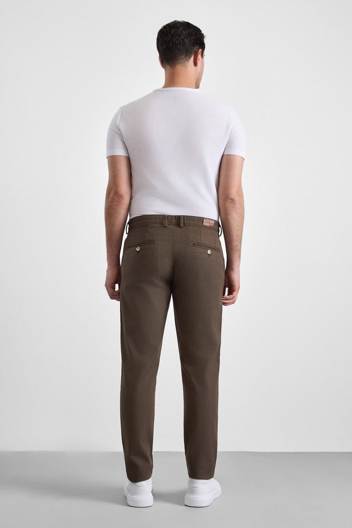 Bej Slim Armürlü Kanvas Casual Pantolon