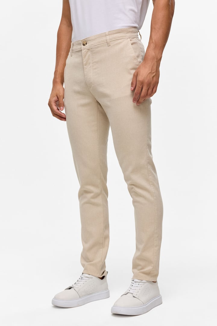 Bej Slim Armürlü Kanvas Pantolon