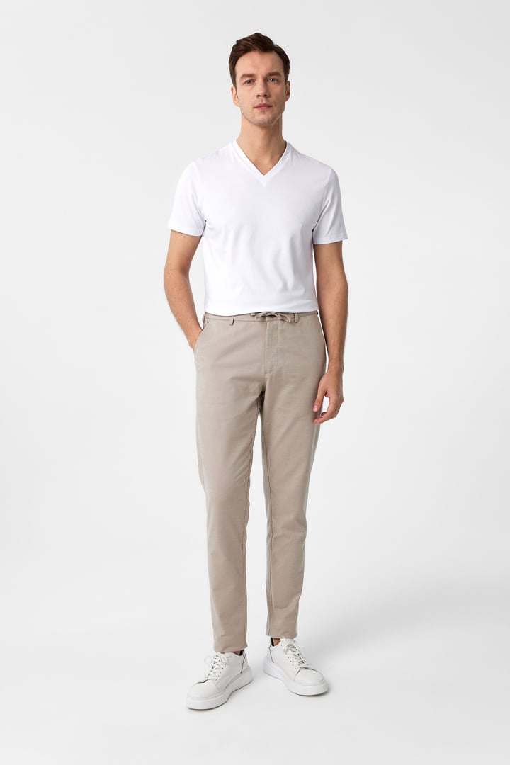 Bej Slim Fit Armürlü Jogger Pantolon
