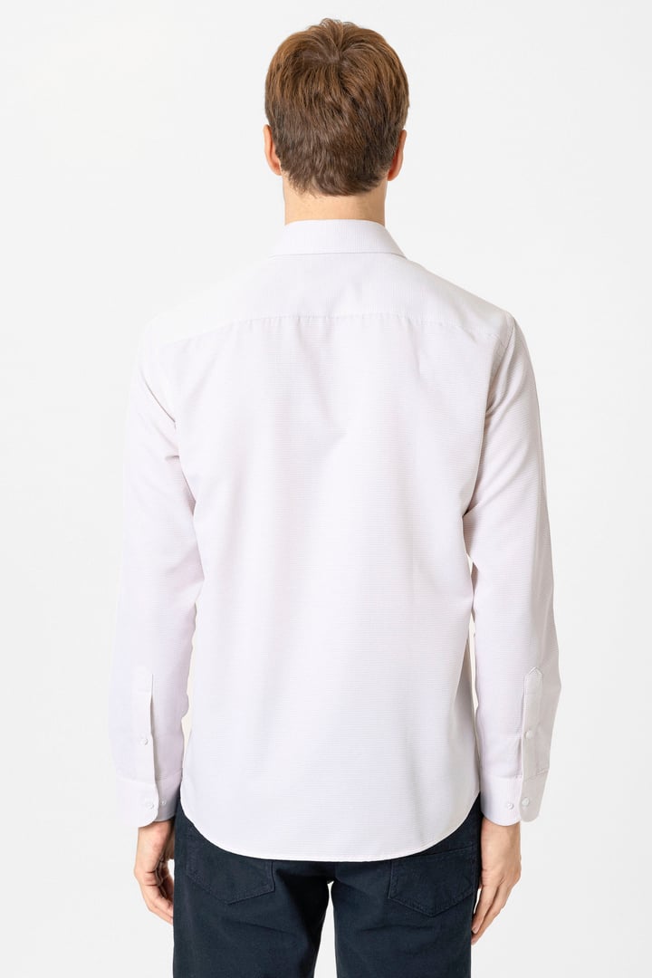 Bej Slim Fit Armürlü Klasik Yaka Gömlek