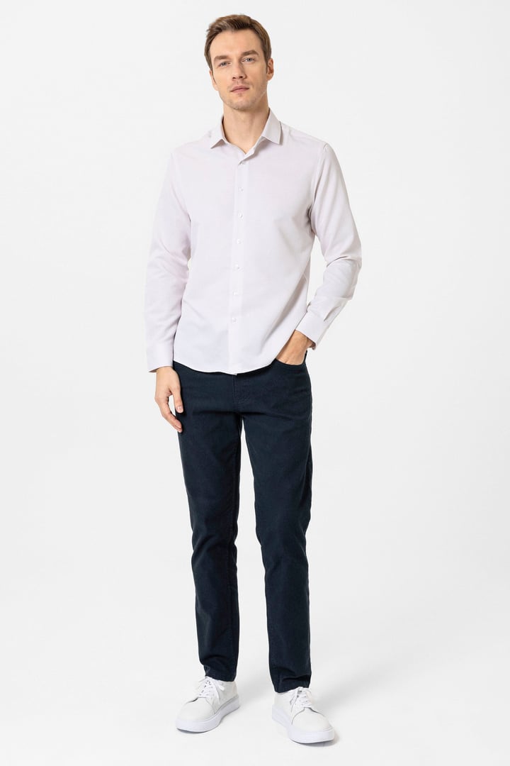 Bej Slim Fit Armürlü Klasik Yaka Gömlek