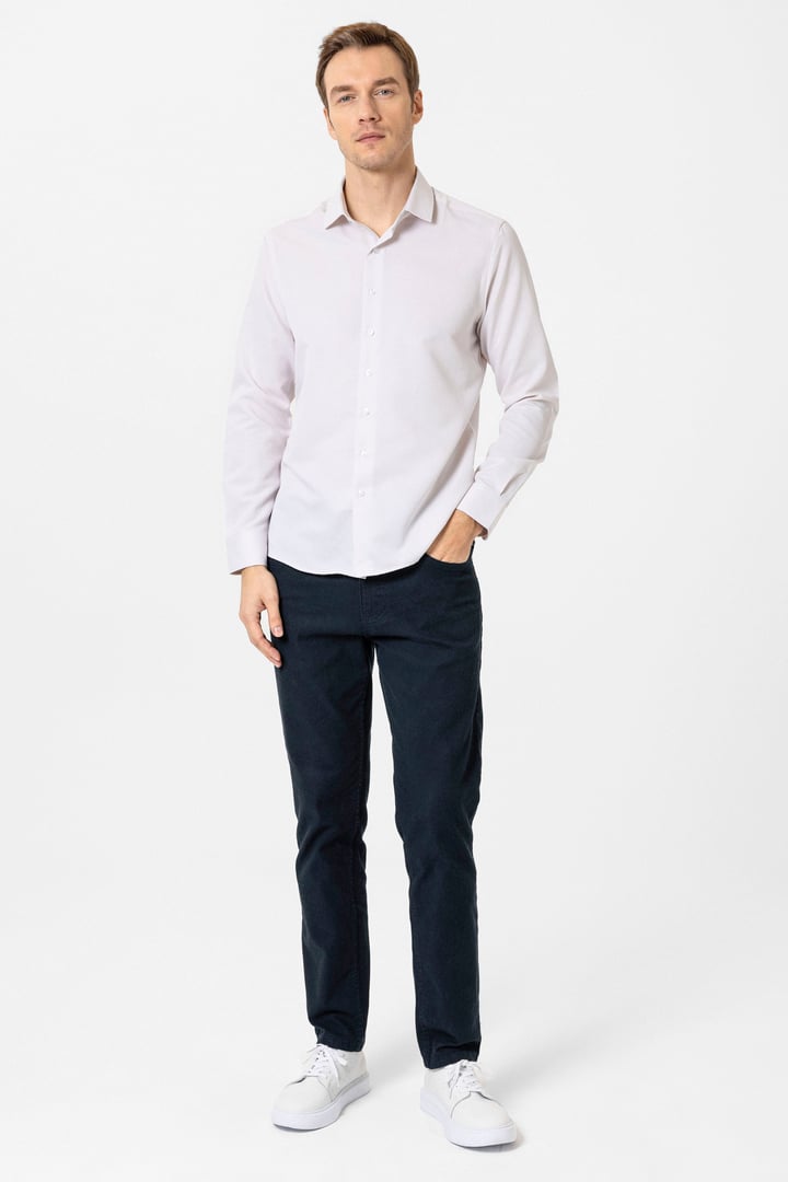 Bej Slim Fit Armürlü Klasik Yaka Gömlek