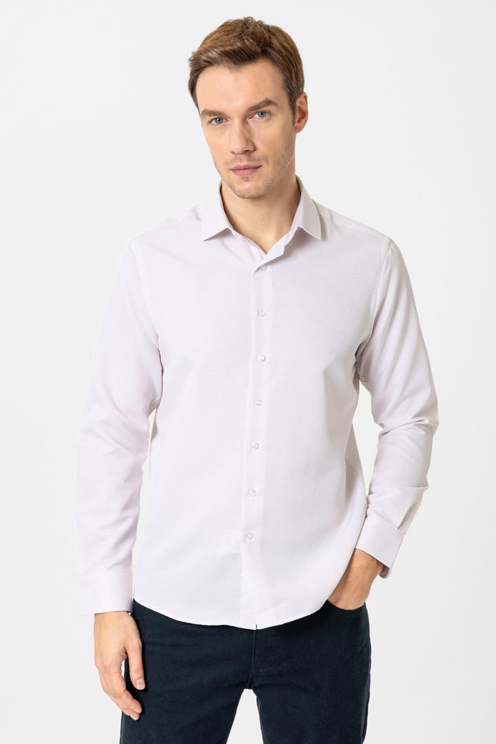 Bej Slim Fit Armürlü Klasik Yaka Gömlek