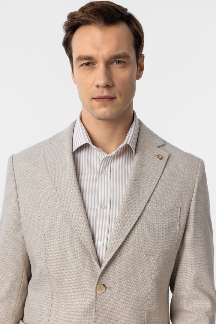 Bej Slim Fit Armürlü Mono Yaka 6 Drop Ceket
