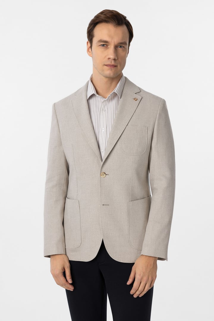 Bej Slim Fit Armürlü Mono Yaka 6 Drop Ceket