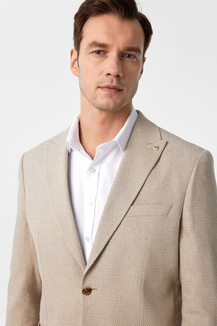 Bej Slim Fit Desenli Sivri Yaka 6 Drop Ceket