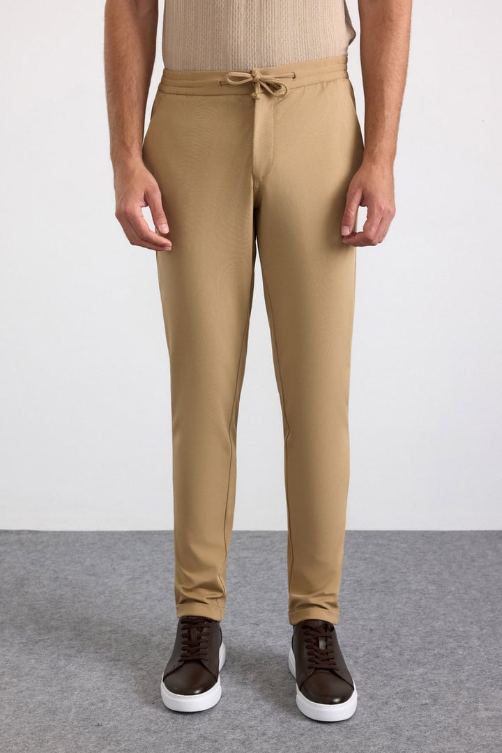 Bej Slim Fit Düz Jogger Pantolon