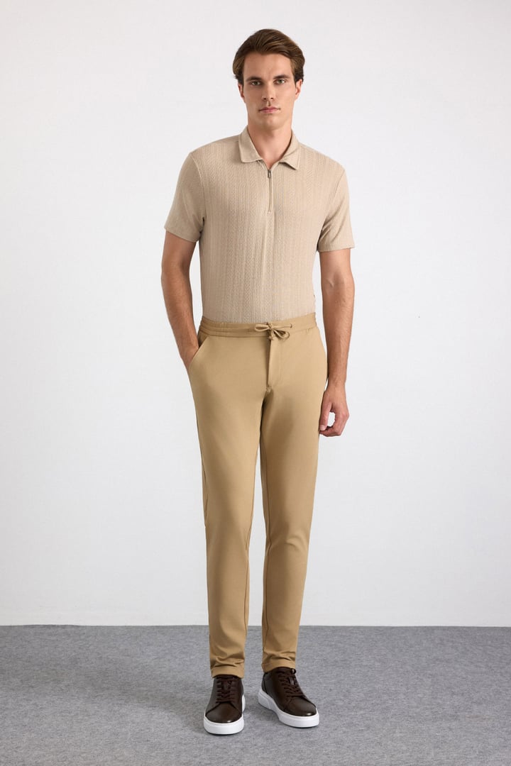 Bej Slim Fit Düz Jogger Pantolon