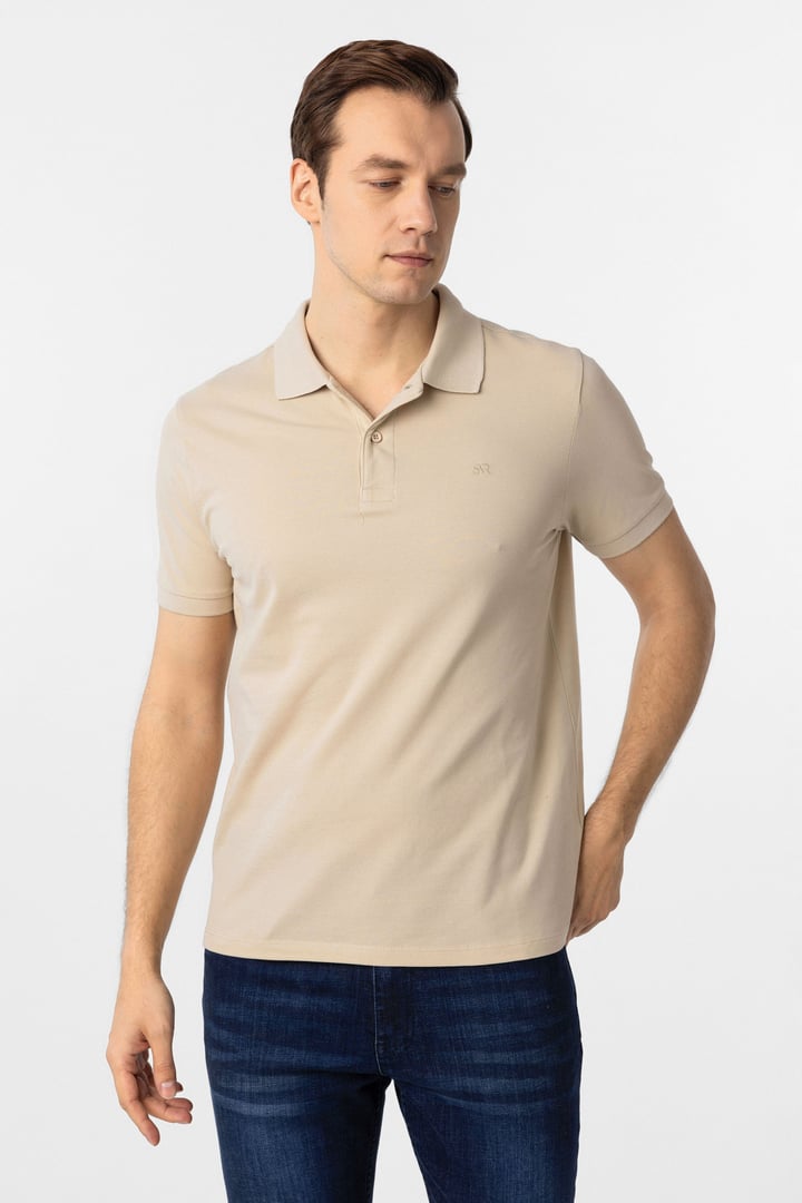 Bej Slim Fit Düz Polo Yaka Tişört