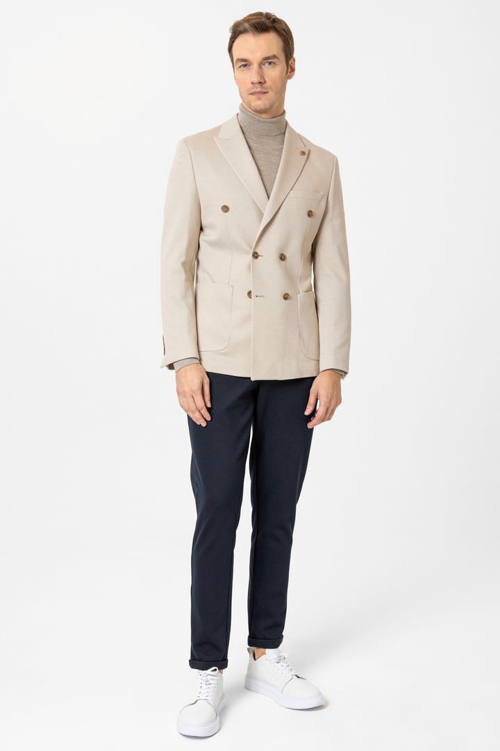 Bej Slim Fit Düz Sivri Yaka 6 Drop Ceket