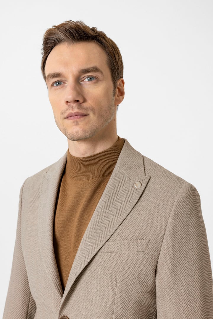 Bej Slim Fit Düz Sivri Yaka 6 Drop Ceket