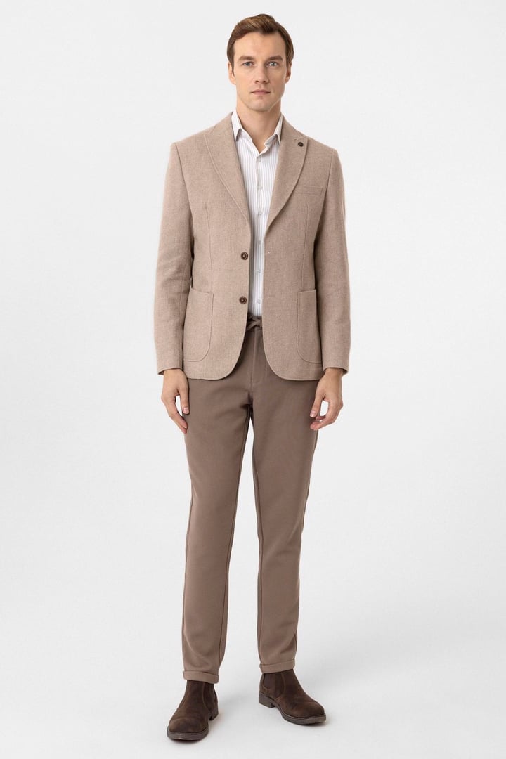 Bej Slim Fit Sivri Yaka 6 Drop Ceket