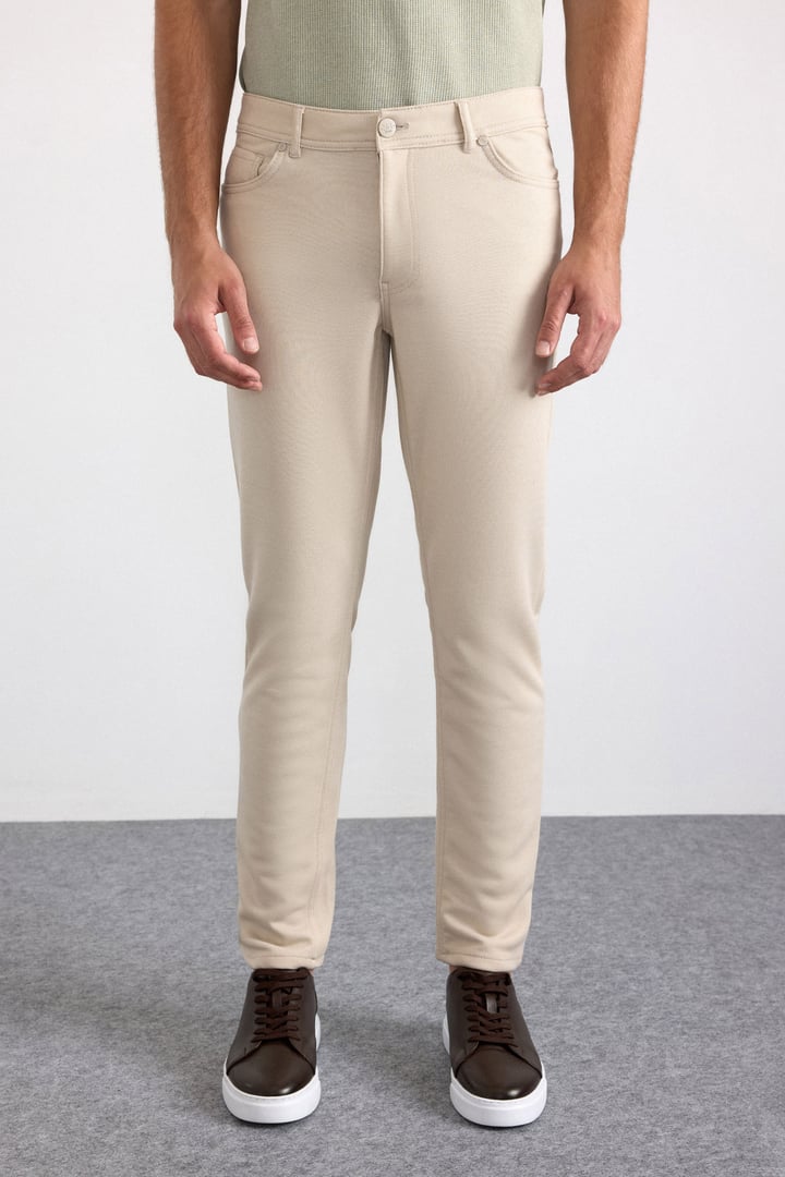 Bej Slim Karışık Desen Armürlü Normal Bel Casual Pantolon